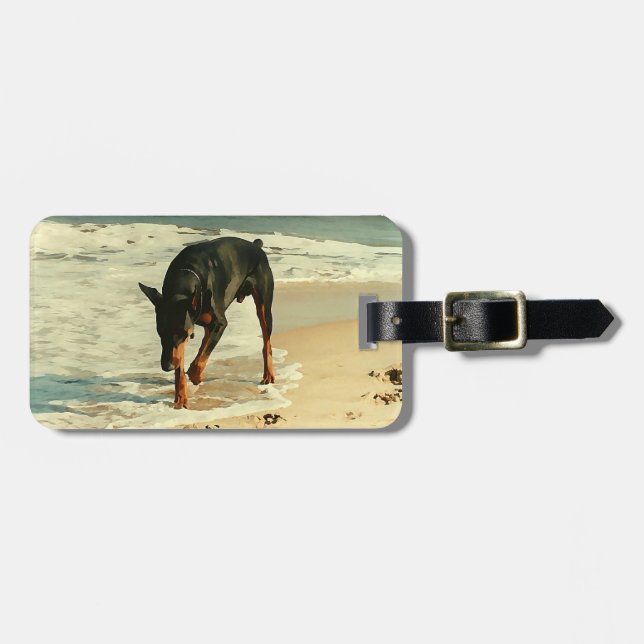 Étiquette À Bagage Dobermann à l'image de peinture de plage (Devant horizontal)