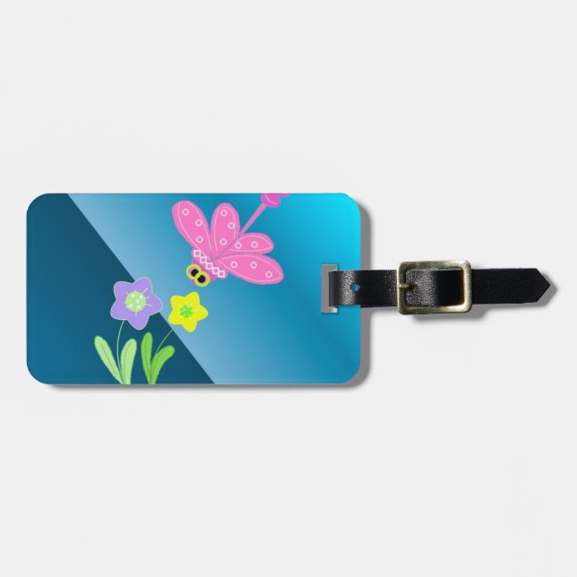 Étiquette À Bagage Dragonfly de dessin animé avec fleurs (Devant horizontal)