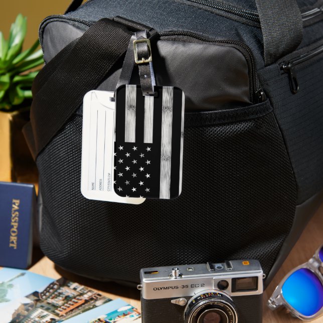 Étiquette À Bagage Drapeau américain Bois rustique Noir Blanc Patriot (Recto & Verso)