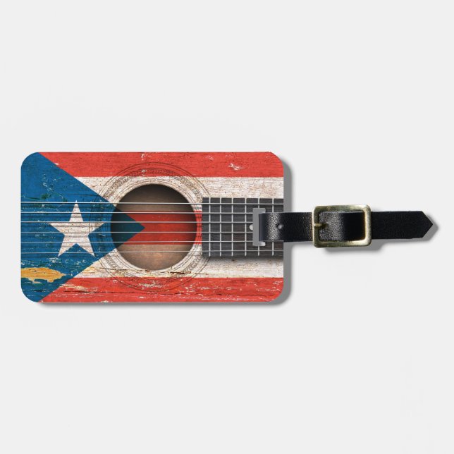 Étiquette À Bagage Drapeau de Porto Rico sur la vieille guitare (Devant horizontal)