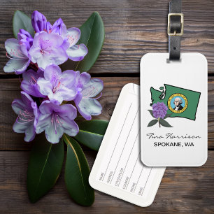 Étiquette À Bagage Drapeau Washington et Fleur Rhododendron Pacifique