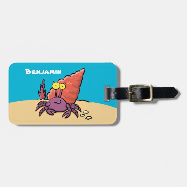 Étiquette À Bagage Drôle mignon caricature pourpre crabe ermite (Devant horizontal)
