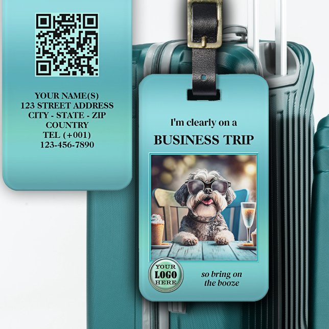 Étiquette À Bagage Drôle Photo Code QR Logo Voyage d'affaires (Luggage tag showing a funny dog with booze or your photo on a turquoise design with logo and qr code)