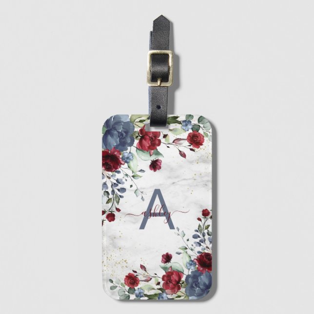 Étiquette À Bagage Dusty Blue Bourgogne Floral Marbre Nom Monogramme (Devant Vertical)