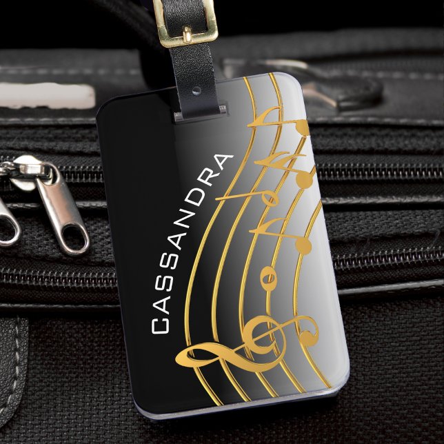 Étiquette À Bagage Échelle de note de musique noire et d'or (black and white ombre luggage tag with gold music staff)