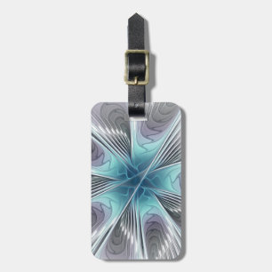 Étiquette À Bagage Élégance Moderne Art Fractal Fleur Bleu Gris Blanc
