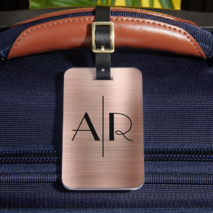 Étiquette À Bagage Élégant 2 Monogrammes Rose initial métal or