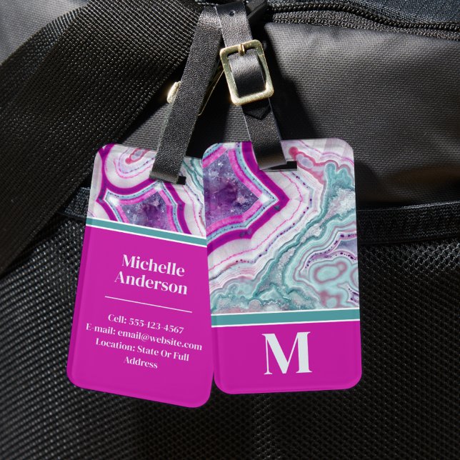 Étiquette À Bagage Élégant Agate Monogramme initial (Elegant Turquoise Magenta Stone Initial Monogram Luggage Tag)
