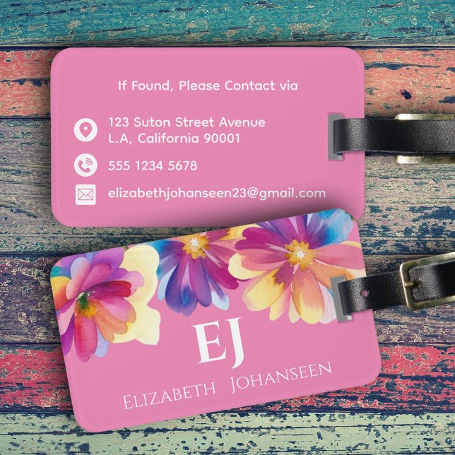 Étiquette À Bagage Élégant Aquarelle couleur mignonne Monogramme flor (Créateur téléchargé)