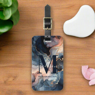 Étiquette À Bagage Elégant Aquarelle Marbre rose bleu or Monogramme