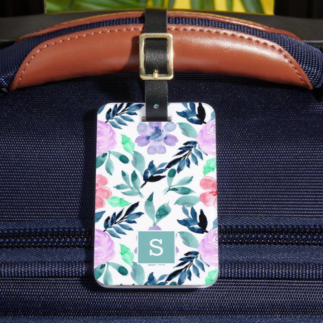 Étiquette À Bagage Élégant aquarelle motif floral Monogramme (Insitu Rectoal 2)