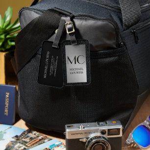 Étiquette À Bagage Élégant argent et noir Métallique Nom monogramme