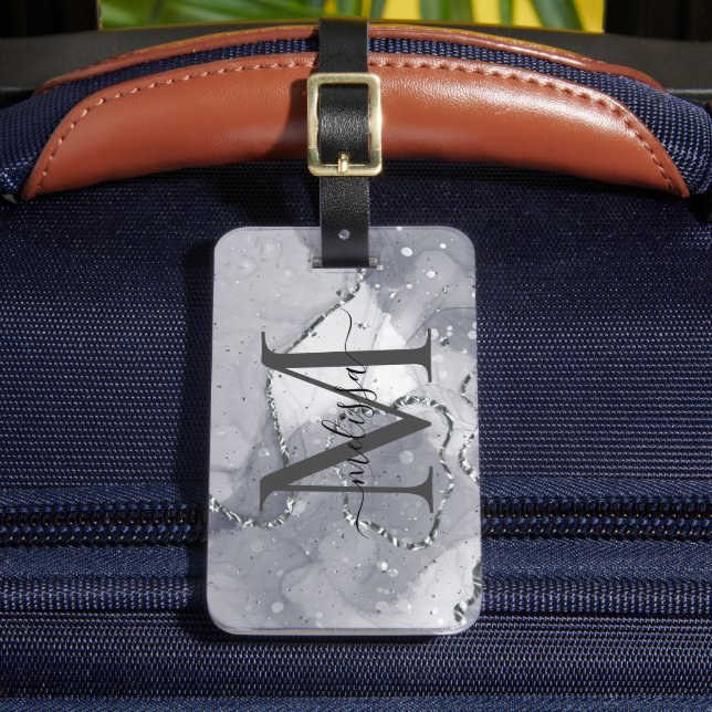 Étiquette À Bagage Élégant argent et noir monogramme (Insitu Rectoal 2)
