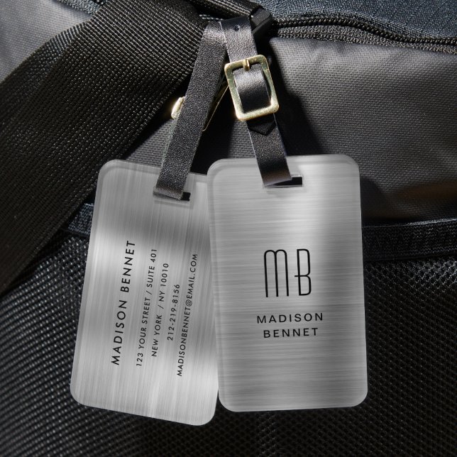 Étiquette À Bagage Élégant argent monogrammé brossé métal (Elegant Monogrammed Silver Brushed Metallic Luggage Tag)