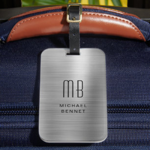 Étiquette À Bagage Élégant argent monogrammé brossé métal