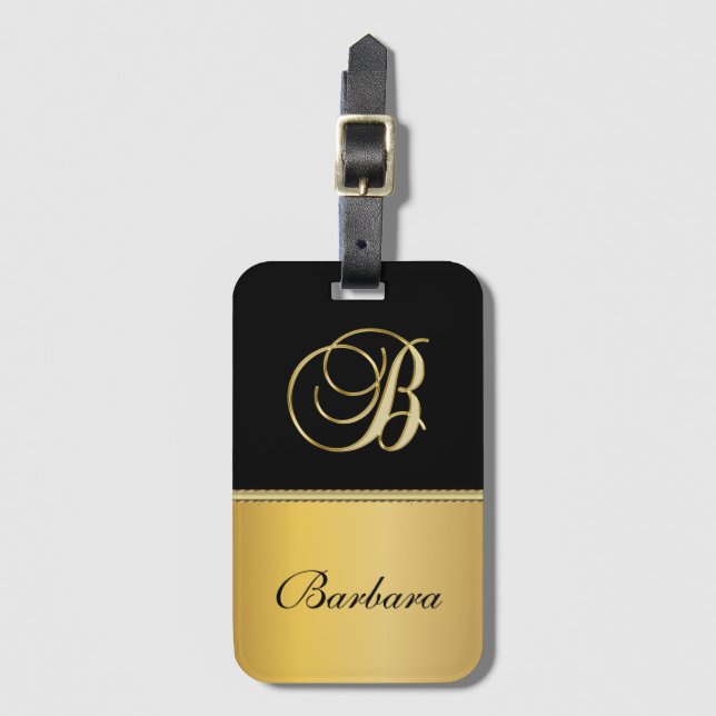 Étiquette À Bagage Élégant "B" Monogramme Nom personnalisé Black Gold (Devant Vertical)
