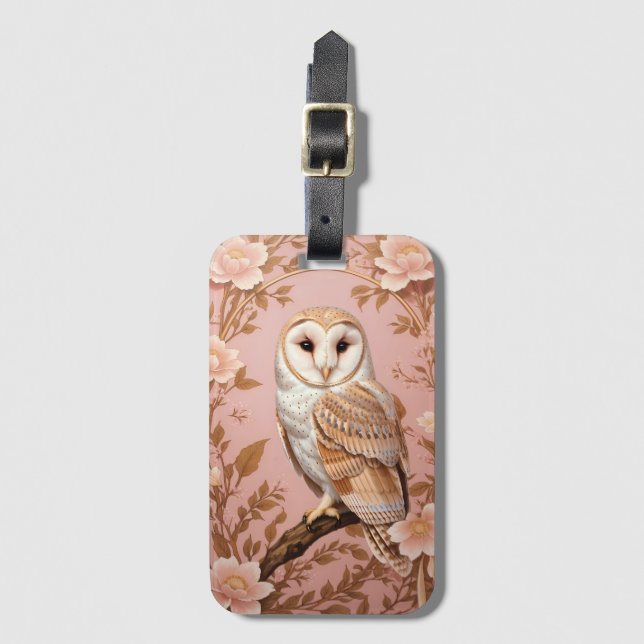 Étiquette À Bagage Elegant Barn Owl Pink and Gold Floral  (Devant Vertical)