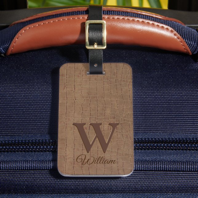 Étiquette À Bagage Élégant Beige Brown Vache Cuir Texture Monogramme (Insitu Rectoal 2)
