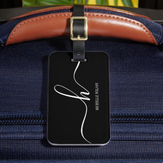 Étiquette À Bagage Elegant Black White Monogram Initial Script Name 