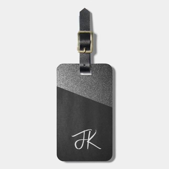 Étiquette À Bagage Élégant bleu et or Parties scintillant Monogramme  (Devant Vertical)