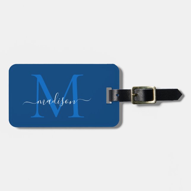 Étiquette À Bagage Élégant bleu marine Monogramme blanc Nom du script (Devant horizontal)