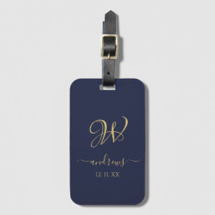 Étiquette À Bagage Elégant bleu marine or monogrammed Bagage Tag