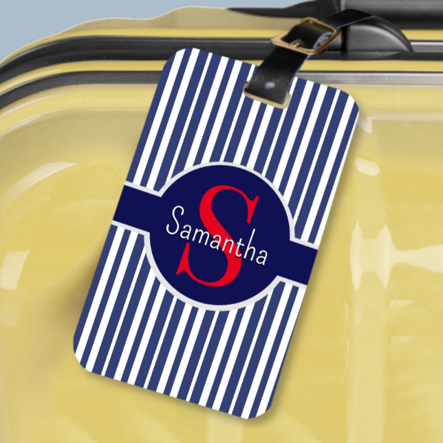 Étiquette À Bagage Élégant bleu marine rouge rayé monogramme initial (Créateur téléchargé)