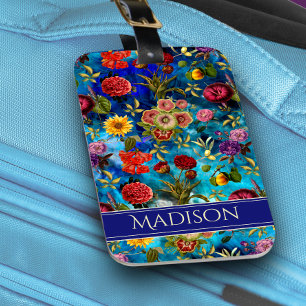 Étiquette À Bagage Elégant bleu motif Floral Carnet monogramme