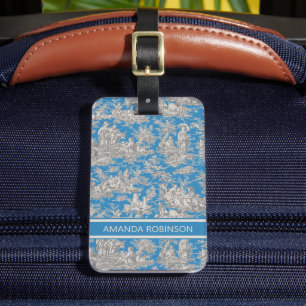 Étiquette À Bagage Elégant bleu turquoise vintage toile de jouy