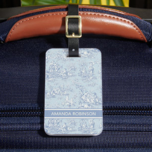 Étiquette À Bagage Elégant bleu vintage gris toile de jouy
