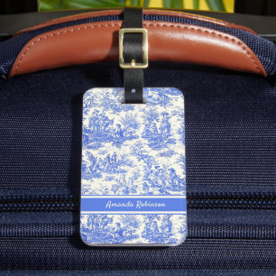 Étiquette À Bagage Elégant bleu vintage toile de jouy