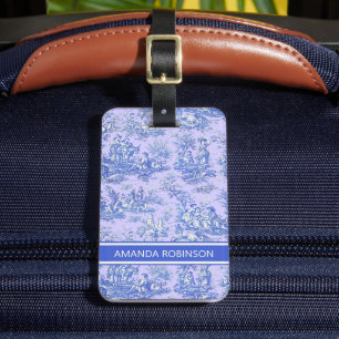 Étiquette À Bagage Elégant bleu vintage violet toile de jouy