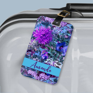 Étiquette À Bagage Élégant bleu violet motif floral monogramme