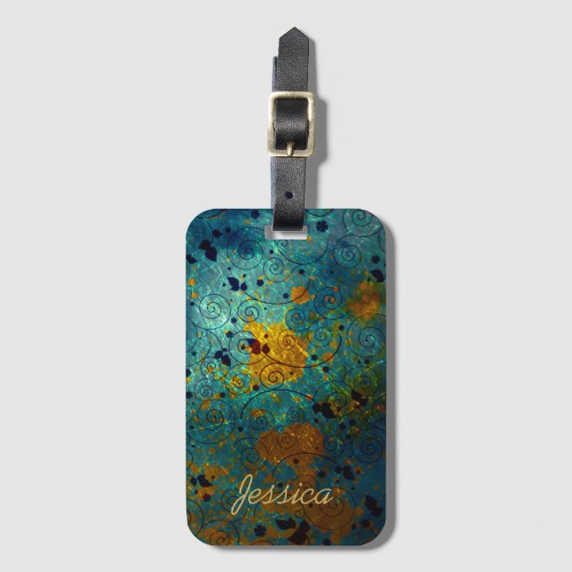 Étiquette À Bagage Elegant Blue and Gold Vine Abstract Personalised (Devant Vertical)