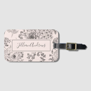 Étiquette À Bagage Élégant Blush Black Rose Floral Design Nom Script
