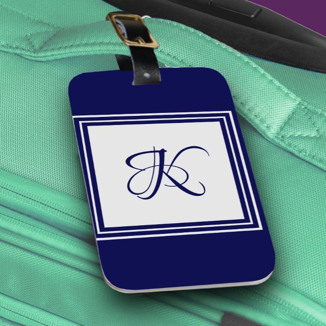 Étiquette À Bagage Élégant carré gris bleu motif monogramme initial (Créateur téléchargé)