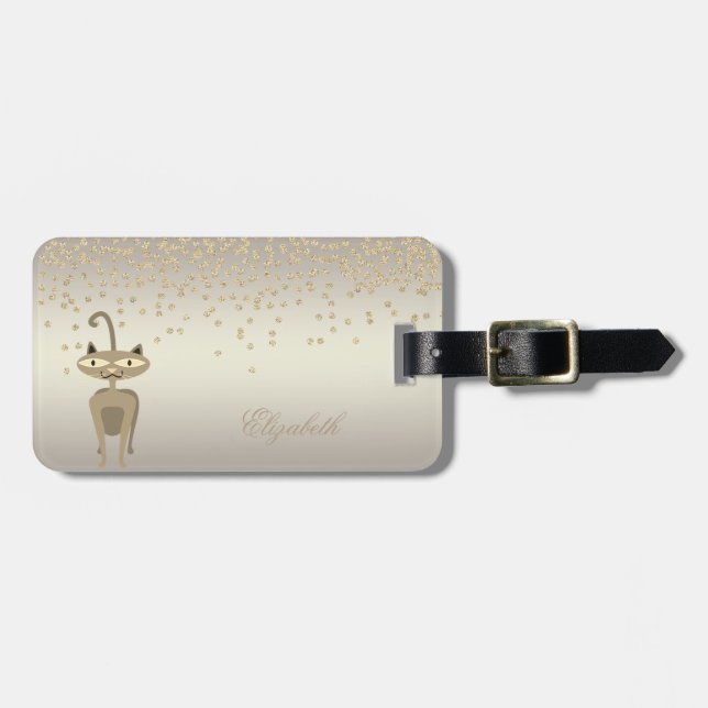 Étiquette À Bagage Élégant Chat Stylish - Brillant Foil Confetty Diam (Devant horizontal)