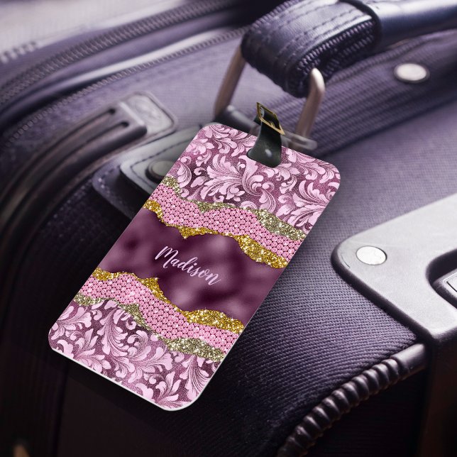 Étiquette À Bagage Élégant chatterie florale monogramme d'or rose vio (Créateur téléchargé)