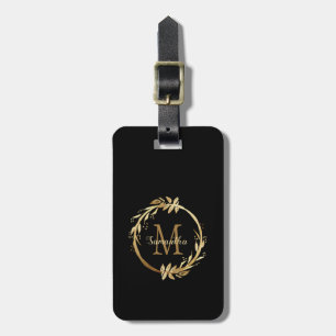 Étiquette À Bagage Élégant Chic Gold Nom du monogramme noir