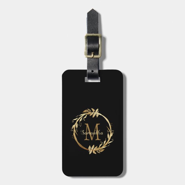Étiquette À Bagage Élégant Chic Gold Nom du monogramme noir (Devant Vertical)