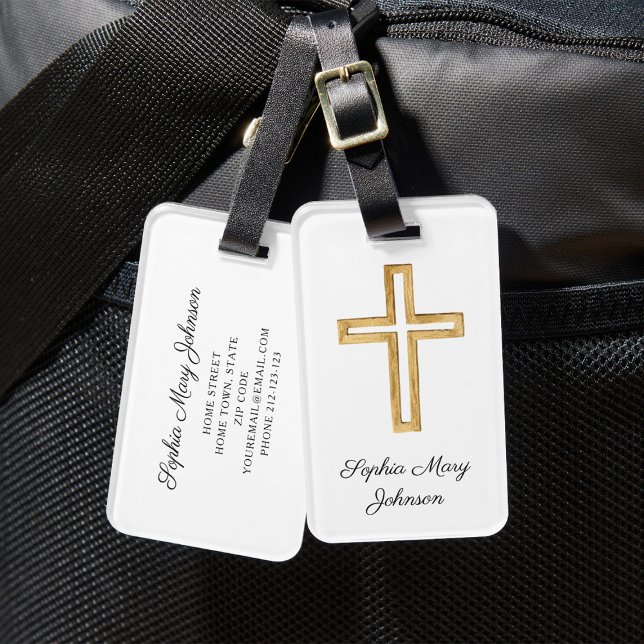 Étiquette À Bagage Élégant croix religieuse Script blanc (Elegant Religious Cross White Script Luggage Tag)