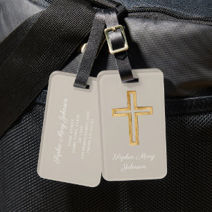 Étiquette À Bagage Elégant Croix Religieuse Taupe Écriture Beige