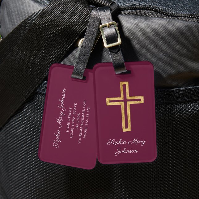 Étiquette À Bagage Élégant Croix Rouge Rouge Bourgogne Script (Elegant Religious Cross Red Burgundy Script Luggage Tag)