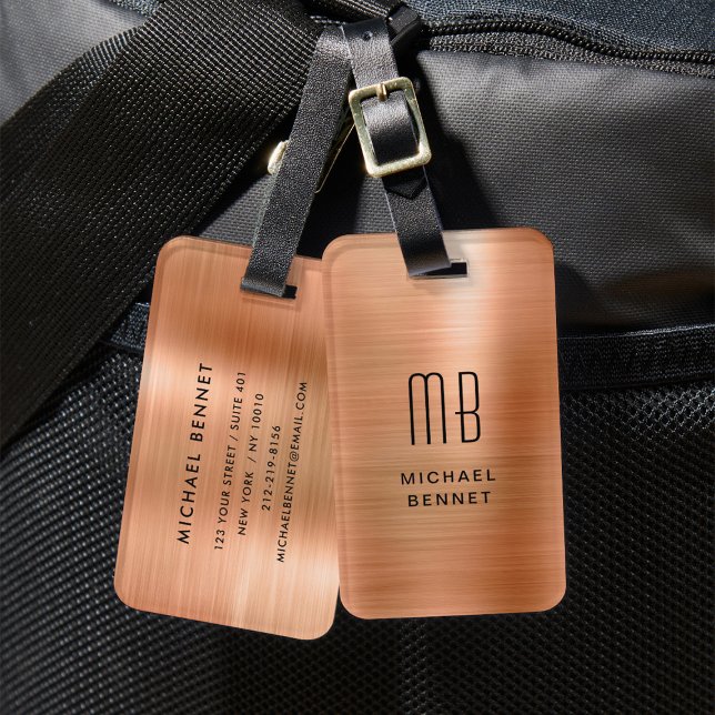 Étiquette À Bagage Élégant cuivre monogrammé Brown métal brossé (Elegant Monogrammed Copper Brown Brushed Metal Luggage Tag)