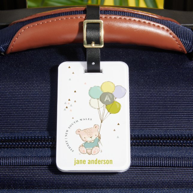 Étiquette À Bagage Elégant Cute Aqua Bear Balloon Boys Monogramme (Insitu Rectoal 2)