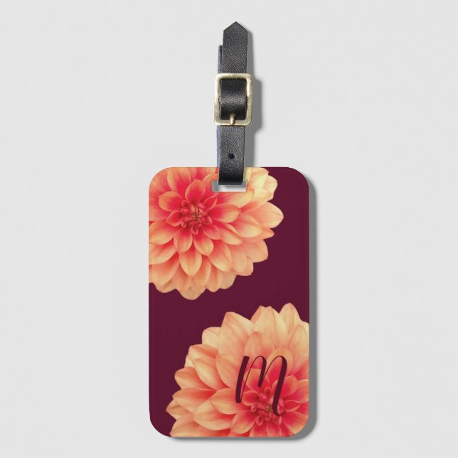 Étiquette À Bagage Élégant Dahlias Orange Fleurs Bourgogne Monogramme (Devant Vertical)