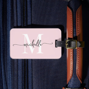 Étiquette À Bagage Élégant Élégant Monogramme Rose-Bleu