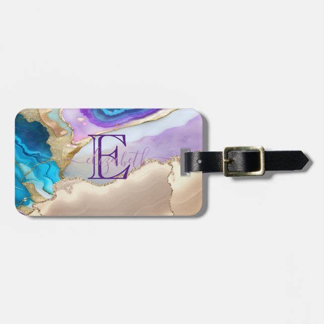 Étiquette À Bagage Élégant élégant violet or bleu marbre Monogramme (Devant horizontal)