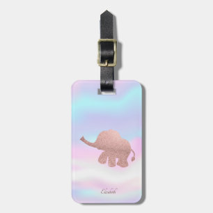Étiquette À Bagage Élégant éléphant pailleté or rose holographique