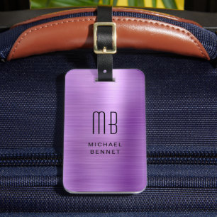 Étiquette À Bagage Élégant Faux brossé Métal violet Monogramme